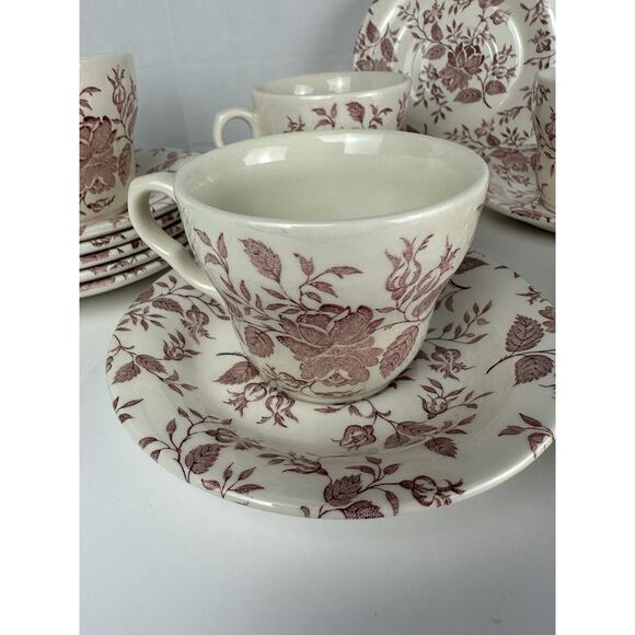 Red / Pink Transferware Cup and Saucer EIT England Roses Floral 15 Pieces - Picture 6 of 8